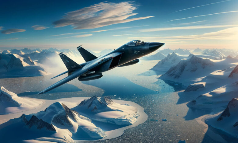 F-111 Aardvark flying over a snowy landscape